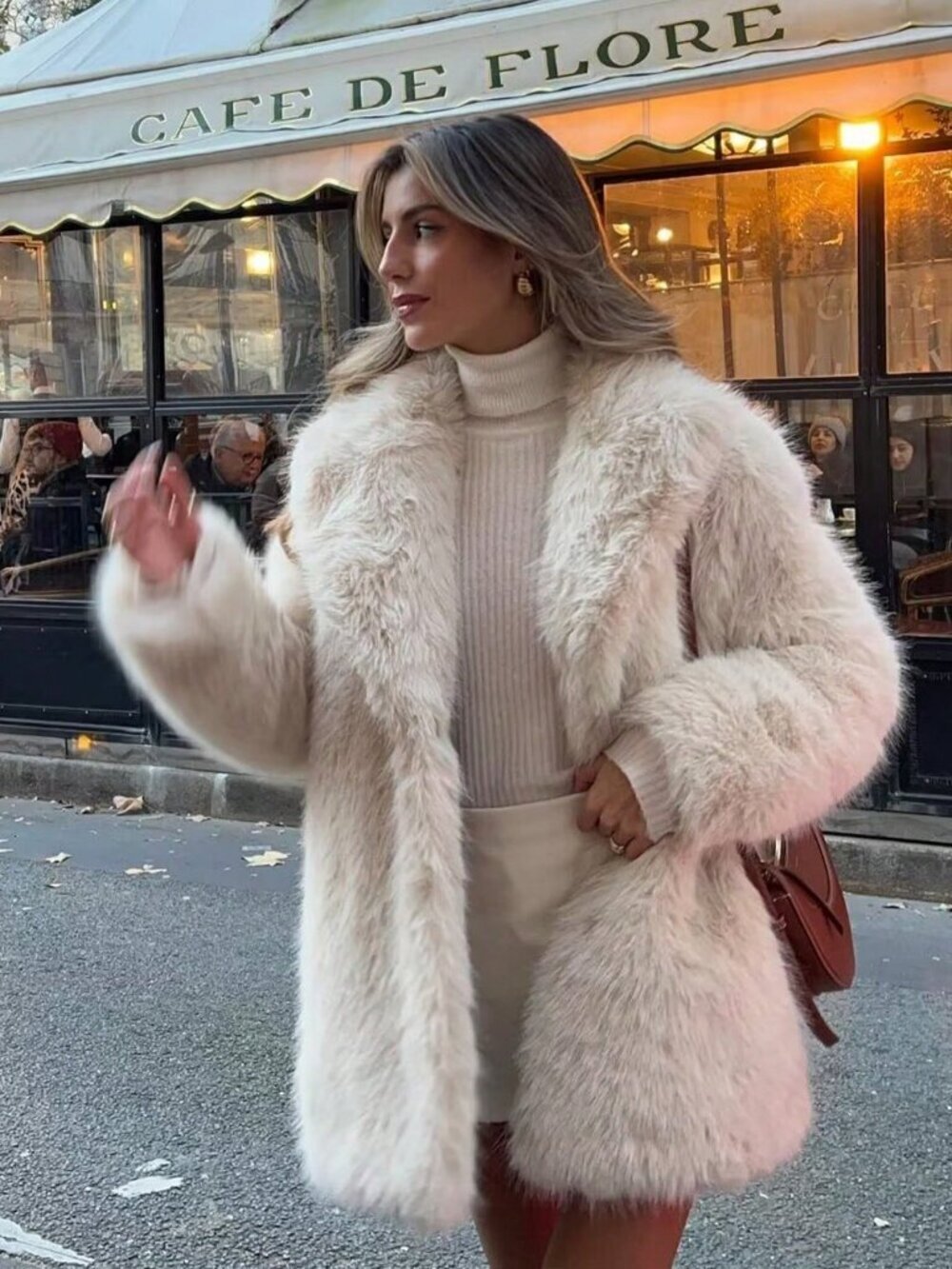 Beige womens Oversize Faux Fur teddy Coat